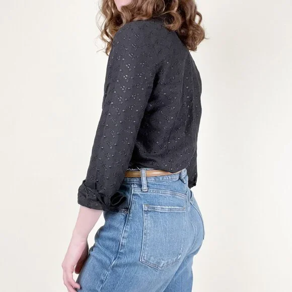 Vintage Silk & Linen Eyelet Lace Button Up Shirt Blouse Whimsigoth Witch 90s Y2K - Picture 2 of 5